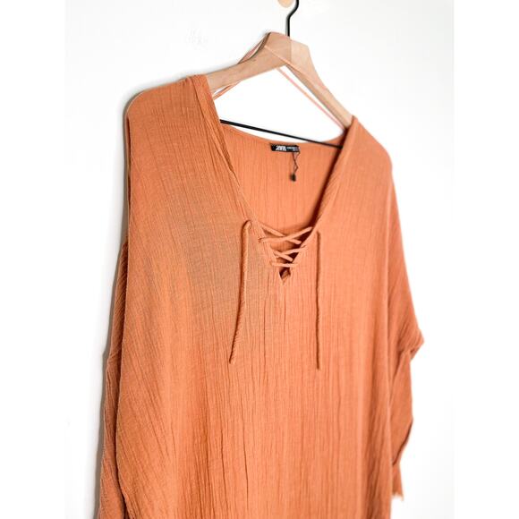 Zara Kaftan Swim Cover Up Dress Size M/L Brown Frayed Flowy Festival Hippie - Picture 3 of 9